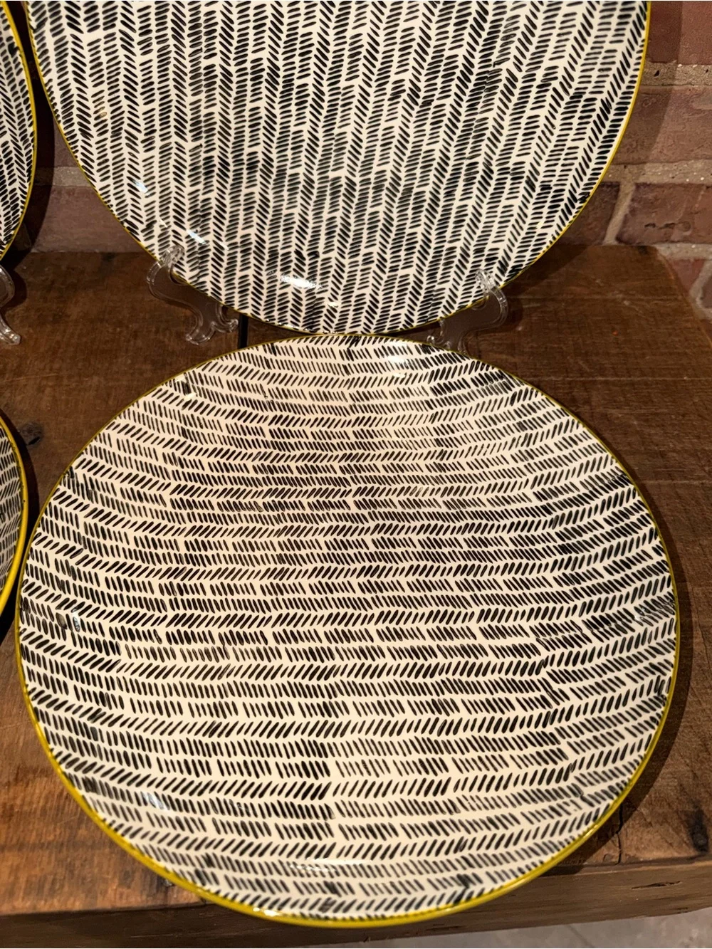 OKA Mustard Yellow Ochre Dash Herringbone Dinner Plates Teal Rim Set of 4